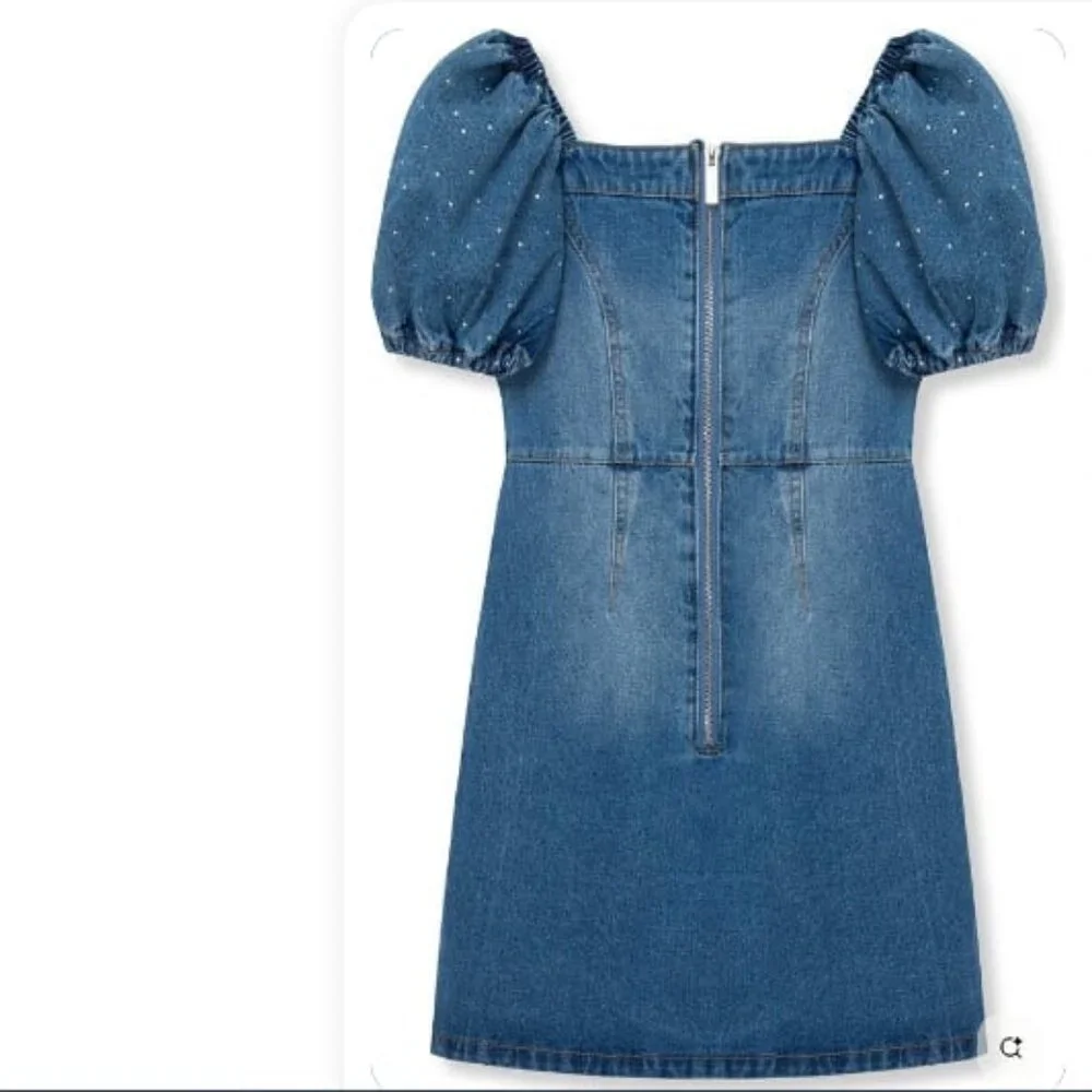 NWT TRUCE Pretty Chic Rhinestone Puff Sleeve Denim Dress S (7-8)